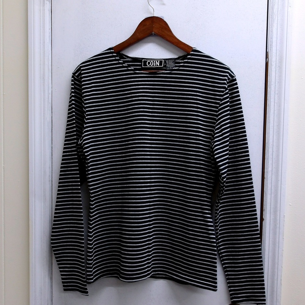 Coin Jeans Long‎ Sleeve Striped Shirt Women's Black and Silver Casual Top Lg /